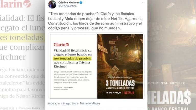 Cristina Fernández de Kirchner: “Clarín y los fiscales deben dejar de mirar Netflix; agarren la Constitución”