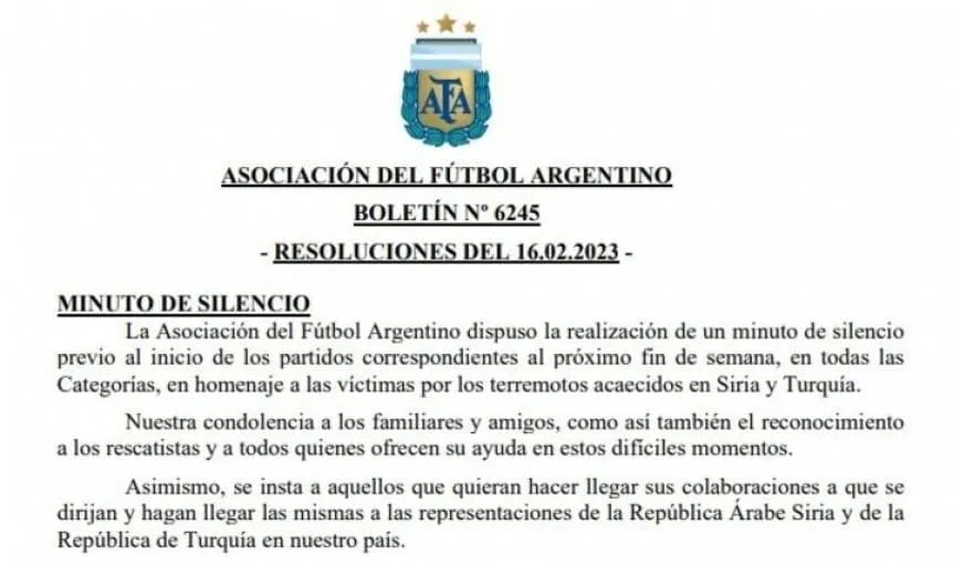 Minuto de silencio en el futbol argentino por el terremoto en Turquía y Siria