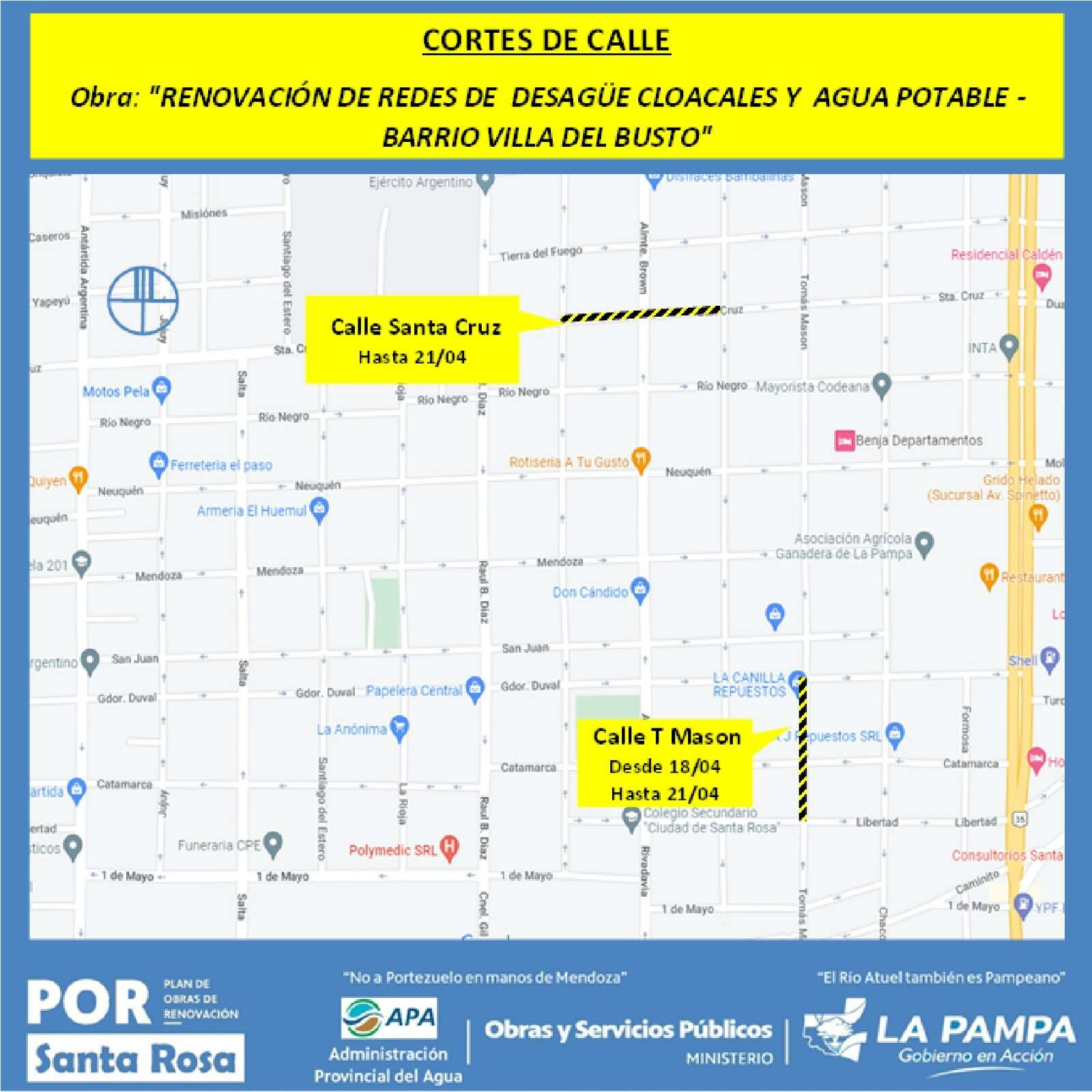 Plan de trabajo por obras de saneamiento en Santa Rosa