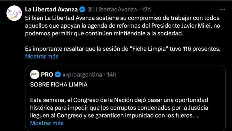 Quiebre entre Javier Milei y Mauricio Macri en redes sociales por el no tratamiento de la “Ficha Limpia”
