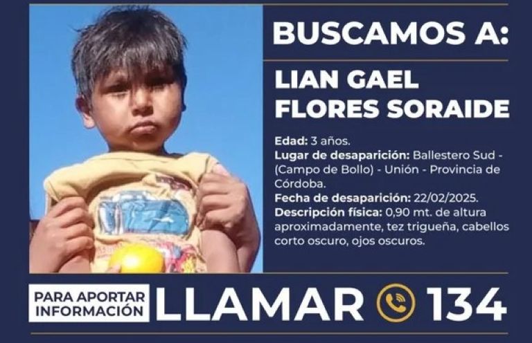 Córdoba: Activan Alerta Sofía por Liam Gael Flores Soraire, el niño desaparecido desde el sábado