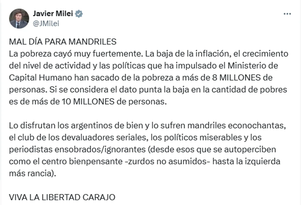 “Mal día para mandriles”, el Gobierno celebró la baja de la pobreza al 38,1% y criticó a la anterior gestión
